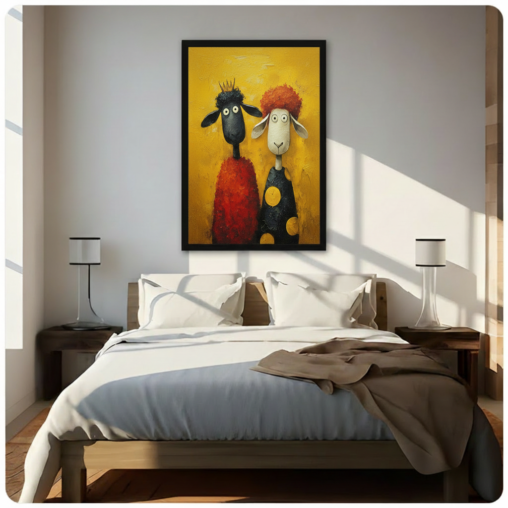 Whimsical sheep pair framed art print above bed — colorful animal oil painting with black and white sheep characters, bedroom wall decor