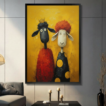 Black framed sheep duo canvas print in contemporary interior — playful crowned sheep and polka dot sheep portrait, colorful animal wall art
