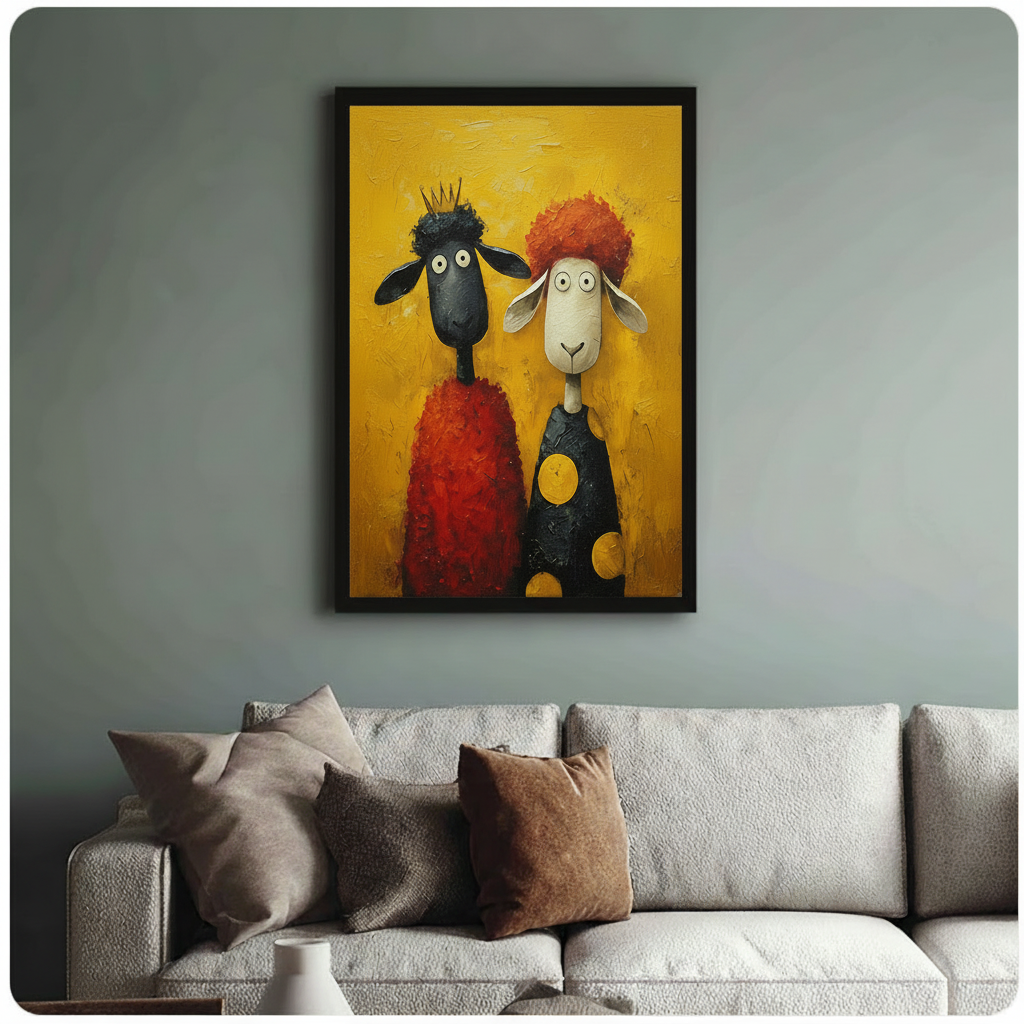 Funny sheep couple painting in black frame above sofa — humorous crowned sheep wall art on yellow background, living room canvas decor