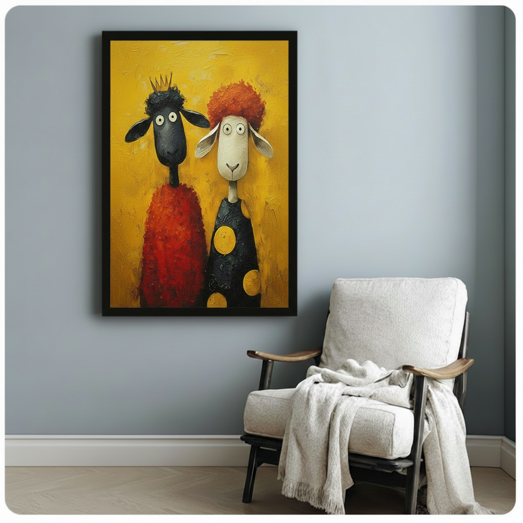 Funny sheep couple wall art in black frame above armchair — whimsical crowned black sheep and curly white sheep, yellow oil painting canvas