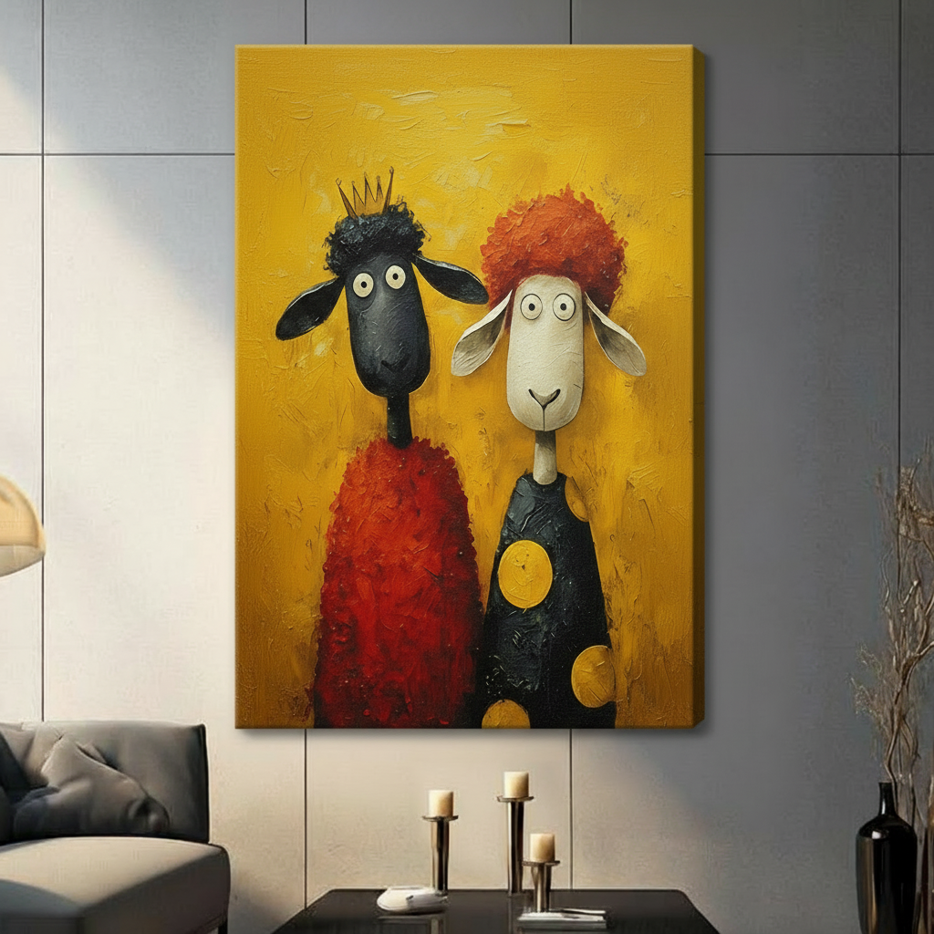 Large whimsical sheep canvas wall art without frame — oversized funny animal painting in yellow, red and black, gallery wall statement piece