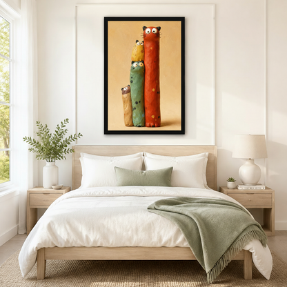 Charming framed wall art of three elongated colorful cats in bold red, green, and beige tones with wide cartoon eyes, displayed above a neutral linen bed in a serene Scandinavian bedroom