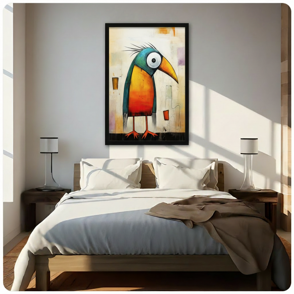 Quirky toucan abstract pop art in black frame above bed in bright minimalist bedroom with warm morning sunlight
