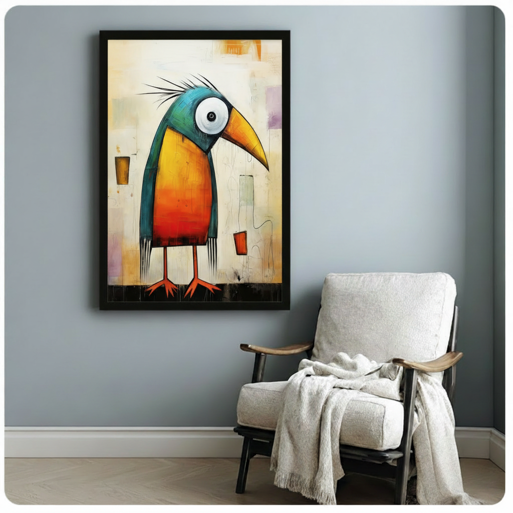 Bold toucan pop art poster in black frame on blue-grey wall beside linen armchair, quirky bird wall art for reading nook