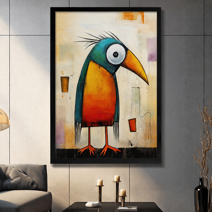 Quirky toucan abstract pop art poster in black frame on grey wall above console table, colourful eclectic living room decor