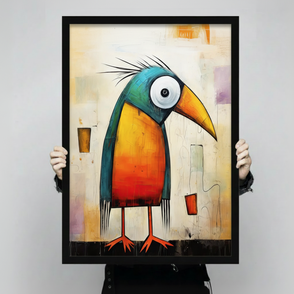 Colourful quirky toucan art print in black frame held in hands, showing large print size and bold brushstroke quality