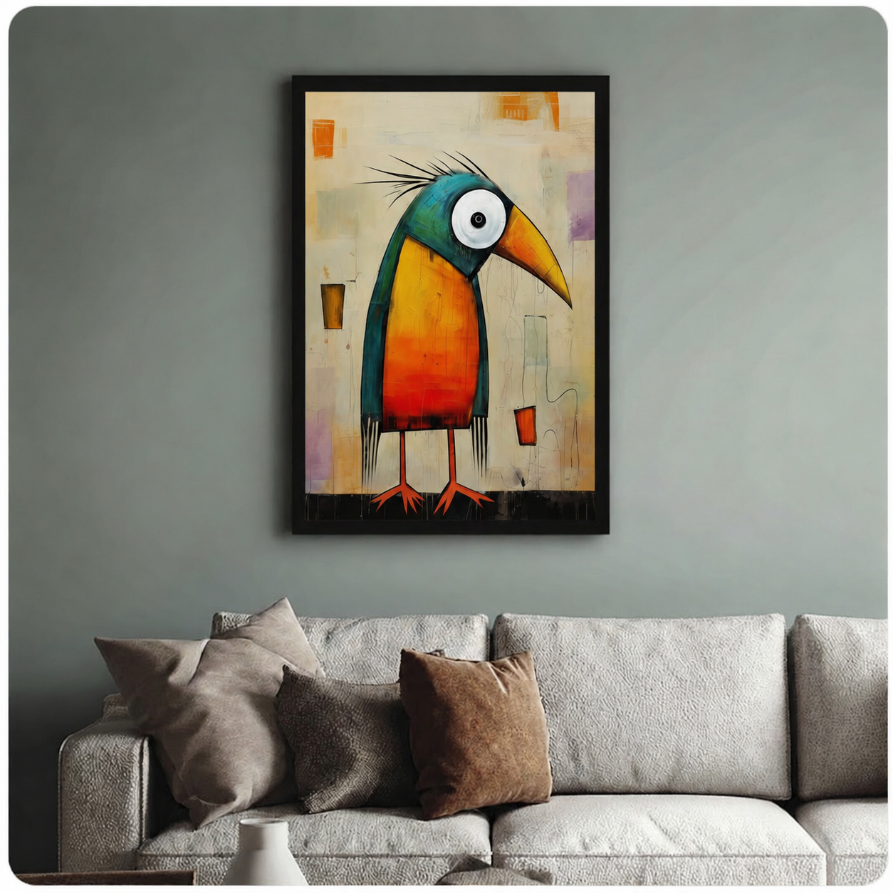 Funny toucan abstract art print in black frame on sage green wall above linen sofa, eclectic living room wall art