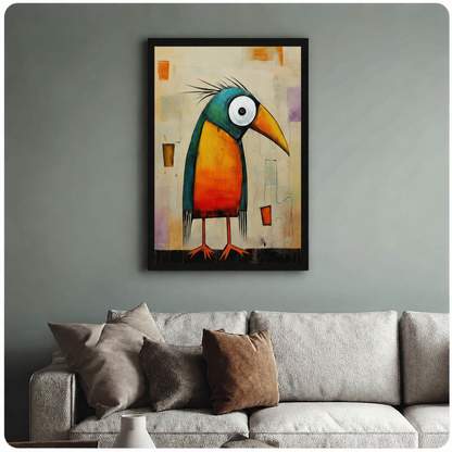 Funny toucan abstract art print in black frame on sage green wall above linen sofa, eclectic living room wall art