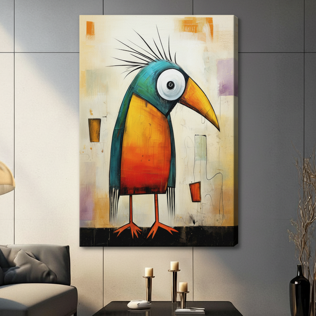Quirky toucan colourful canvas wrap print on grey wall, frameless bold pop art bird wall decor for modern home
