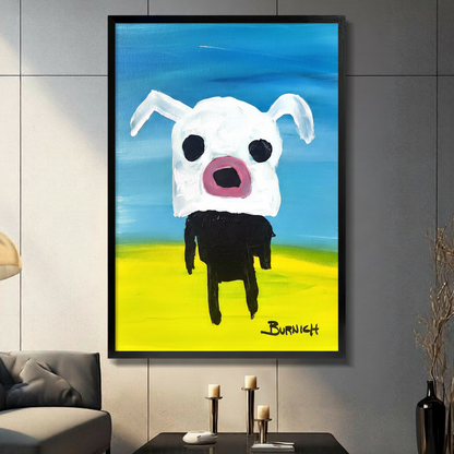 Black framed canvas wall art of a quirky white dog with black eyes and pink snout on a vivid blue sky and yellow ground background, signed Burnich, displayed in a modern living room