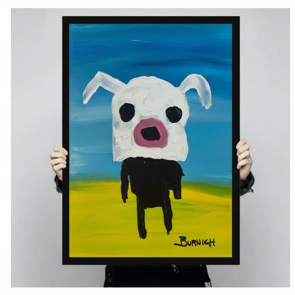 Close-up of a black framed art print showing a quirky white dog with large black eyes, pink open mouth, and black legs on a vivid blue and yellow background, signed Burnich, held by two hands