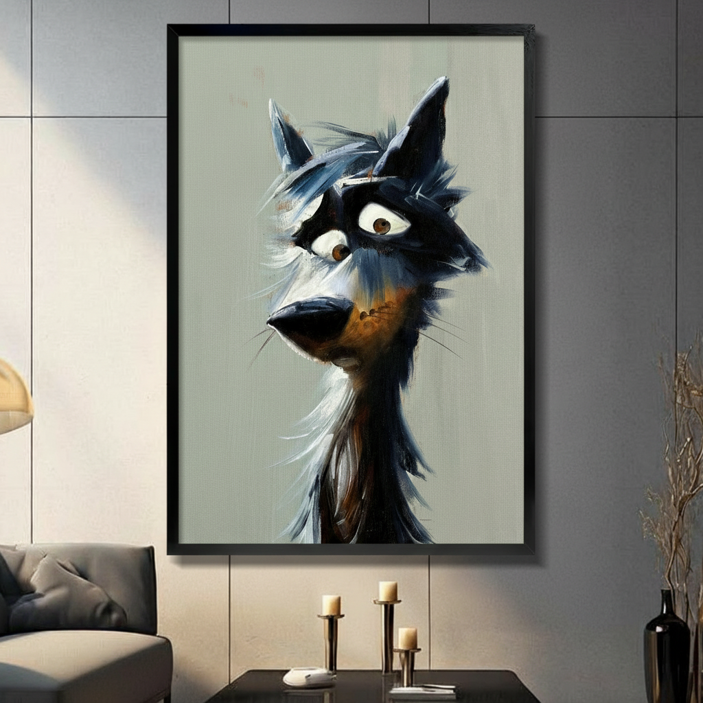 Expressive cartoon wolf portrait with wide eyes and shaggy fur on grey background, framed canvas wall art in black frame hung on grey tile wall in modern living room