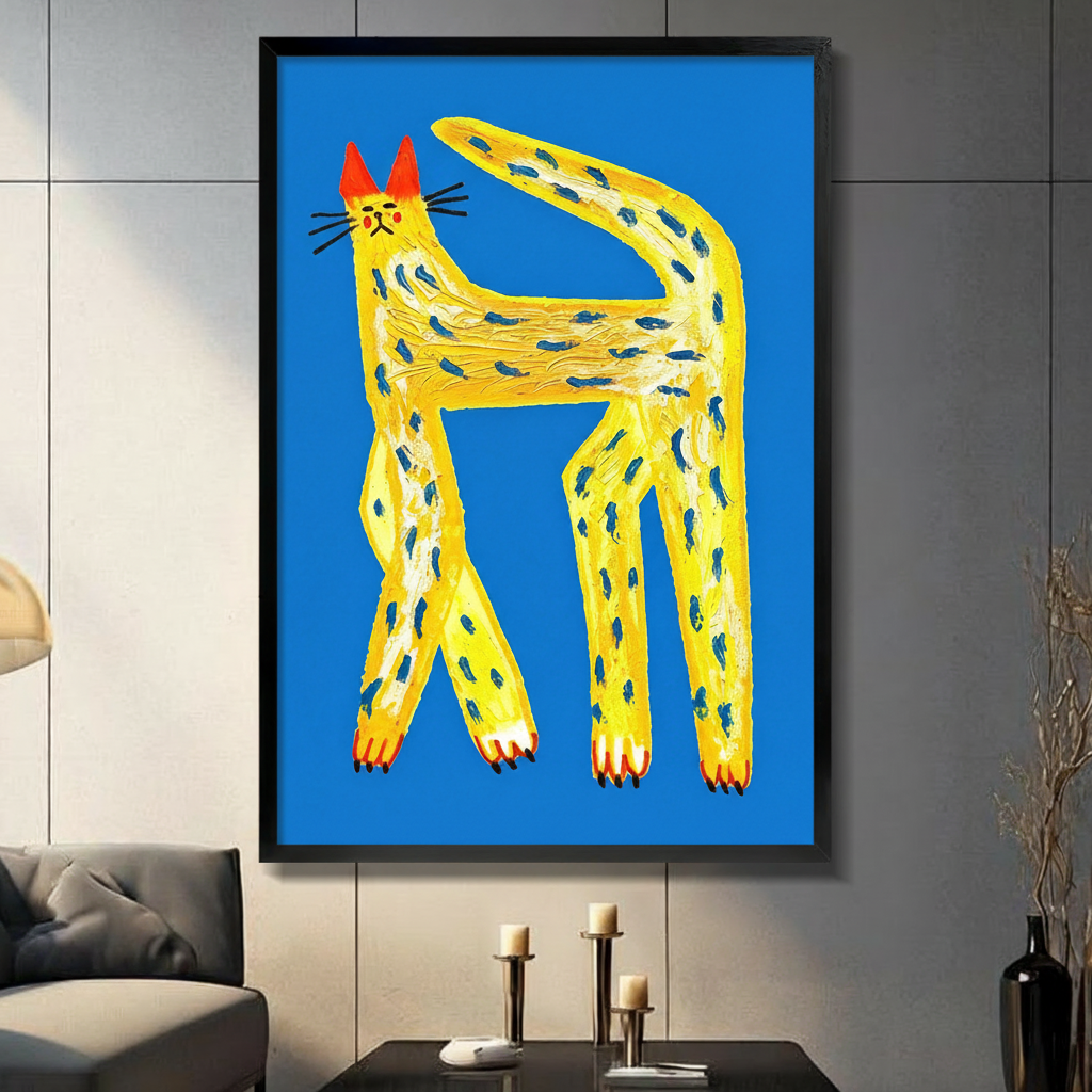 Black framed canvas wall art featuring a quirky yellow spotted cat with red ears and claws on a vivid blue background, displayed in a modern living room above candles