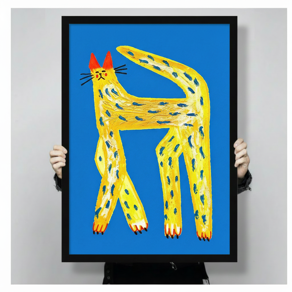 Close-up of a black framed art print showing a quirky elongated yellow cat with blue spots, red ears, and sharp claws on a vivid blue background, held up by two hands