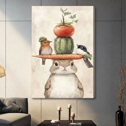 Gallery wrap stretched canvas of a chubby gray bunny with a carrot brim hat topped with a cactus red tomato and two perching birds hung frameless on a dark gray marble wall above a black coffee table