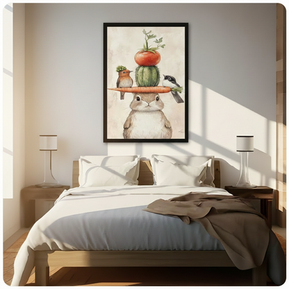 Black framed charming bunny balancing carrot brim hat with two birds cactus and tomato watercolor canvas wall art hung above a dark wood bed with white and beige linen bedding in a sunlit minimalist bedroom