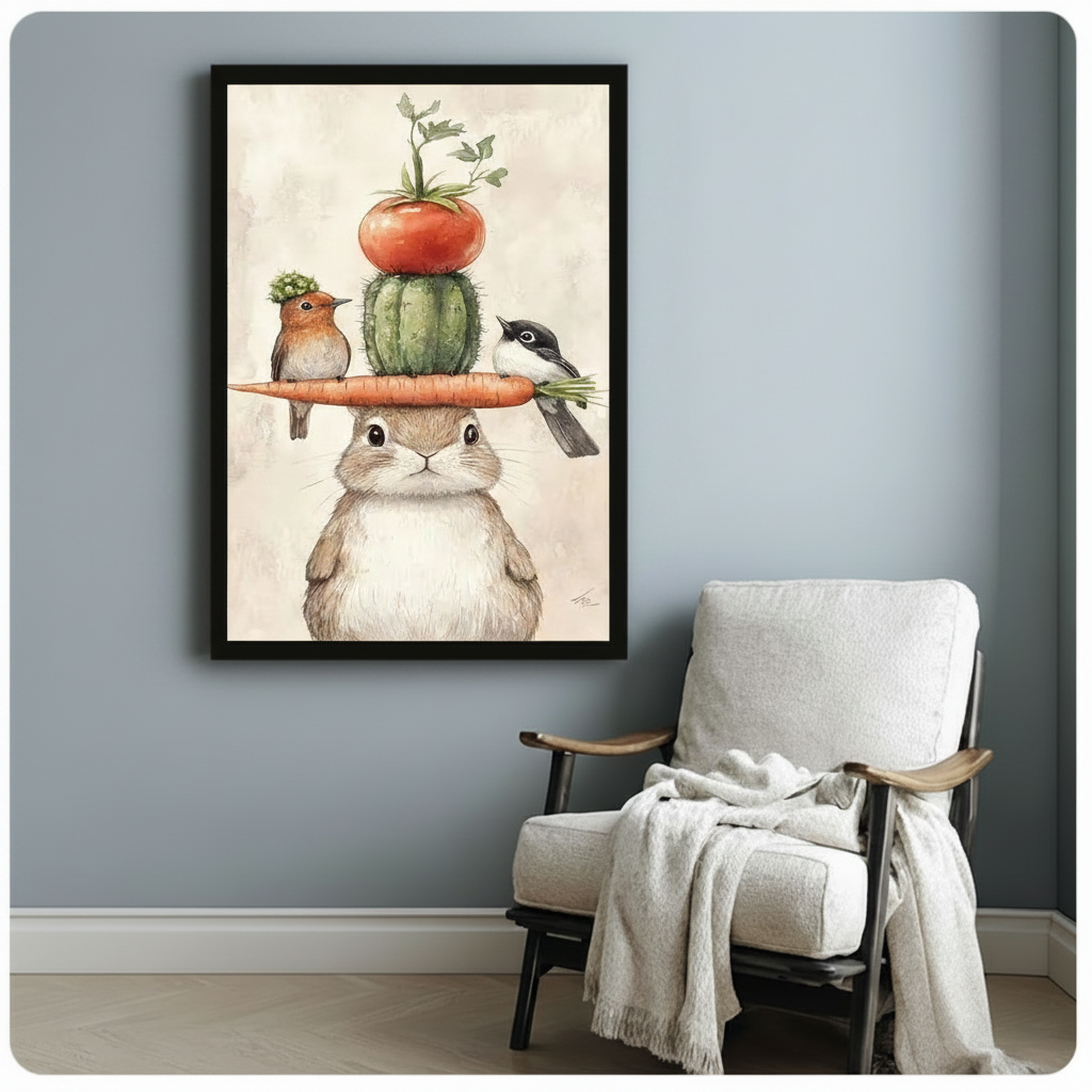 Black framed cute cottagecore bunny with carrot hat birds cactus and tomato stacking watercolor canvas print hung on a soft blue-gray wall beside a white linen wood lounge chair with a cream knit throw