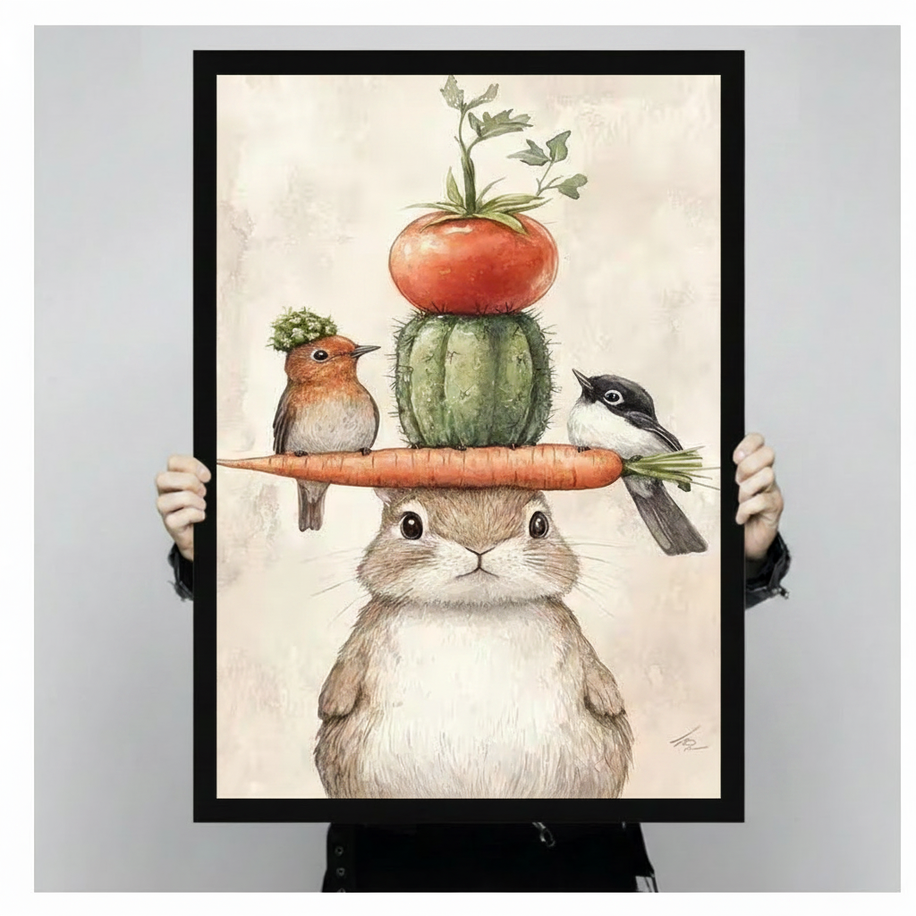Two gloved hands holding a large black framed whimsical rabbit carrot hat with robin chickadee cactus and tomato watercolor canvas art print against a neutral gray background, vertical product size display