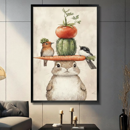 Black framed whimsical rabbit balancing carrot hat with two birds cactus and tomato watercolor canvas wall art with warm beige background displayed in a modern dark gray living room with gray sofa and candlesticks