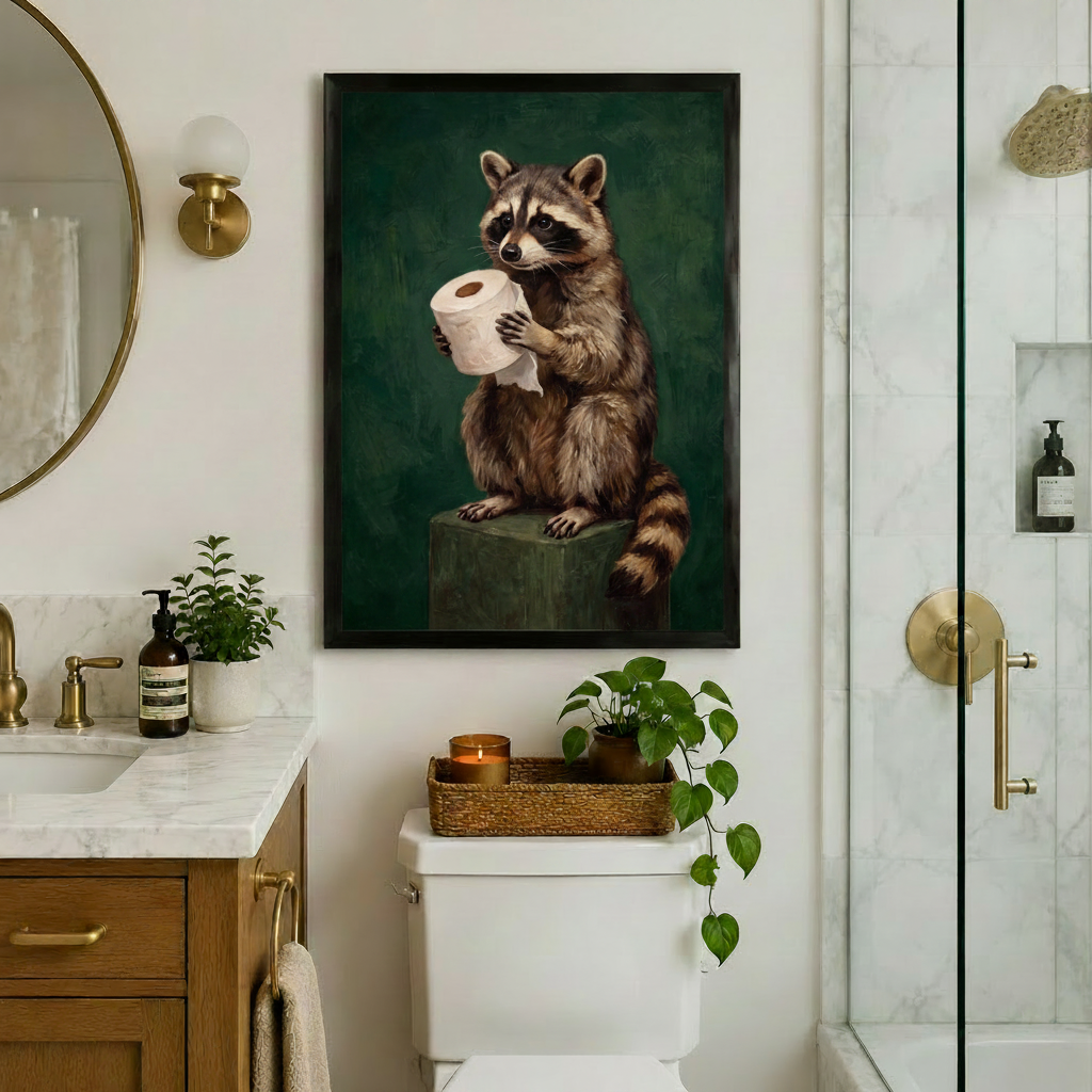 Large framed raccoon toilet paper painting hung above a toilet in a bright bathroom with gold hardware, round mirror, marble vanity and glass shower enclosure