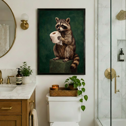 Large framed raccoon toilet paper painting hung above a toilet in a bright bathroom with gold hardware, round mirror, marble vanity and glass shower enclosure