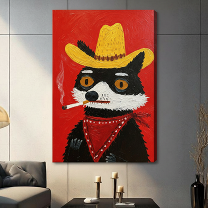 Gallery wrap canvas bold raccoon in yellow straw cowboy hat red polka dot bandana smoking impasto oil painting vivid red western wall art