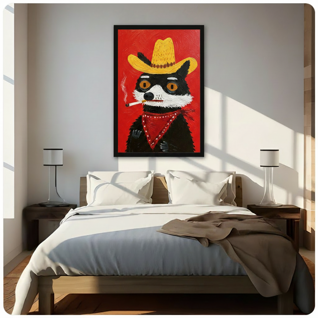 Black framed bold raccoon cowboy yellow hat red bandana smoking impasto oil painting vivid red background funny western canvas wall art above dark wood bed