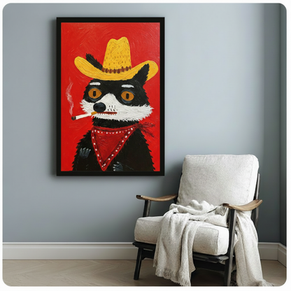 Black framed funny raccoon cowboy yellow hat red bandana smoking impasto oil painting bold red background western canvas art beside lounge chair