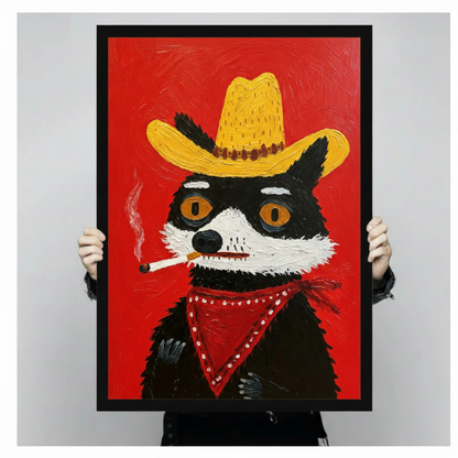 Hands holding black framed bold impasto raccoon cowboy yellow hat red bandana smoking vivid red oil painting western canvas art size display