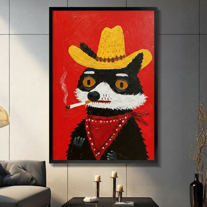Black framed bold impasto raccoon cowboy yellow hat red bandana smoking on vivid red background funny western canvas wall art in a modern living room
