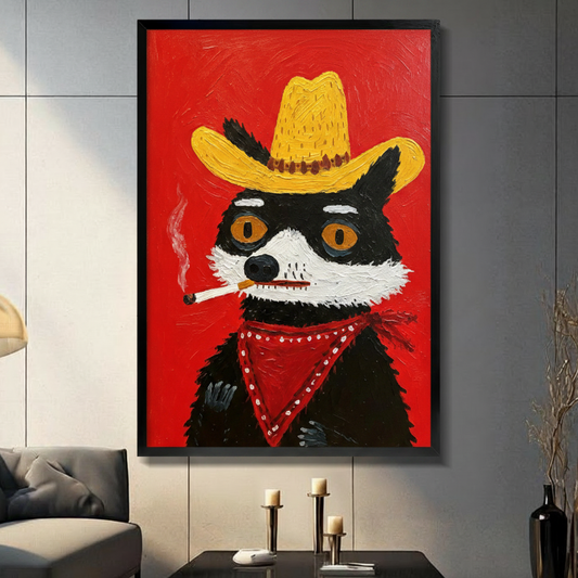 Black framed bold impasto raccoon cowboy yellow hat red bandana smoking on vivid red background funny western canvas wall art in a modern living room