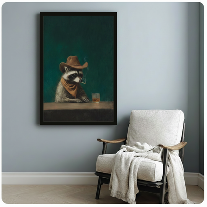 Witty raccoon wearing cowboy hat and orange bandana smoking cigarette framed poster beside armchair, vintage bar scene animal wall art in black frame on blue-gray wall