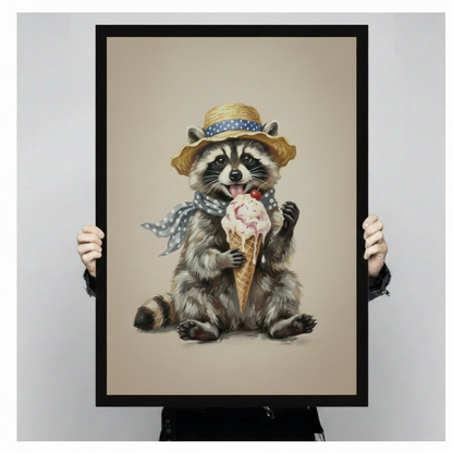 Bold vintage oil painting art print of a cheerful raccoon sitting upright wearing a straw sun hat with a blue white polka dot band and a matching polka dot scarf at its neck holding a large dripping waffle ice cream cone with a pink scoop and red cherry on top with its tongue out licking and its expression full of delight fluffy gray-brown fur with black raccoon eye mask and banded tail against a warm cream beige background fun quirky cottagecore raccoon animal art framed print held up for size reference ag