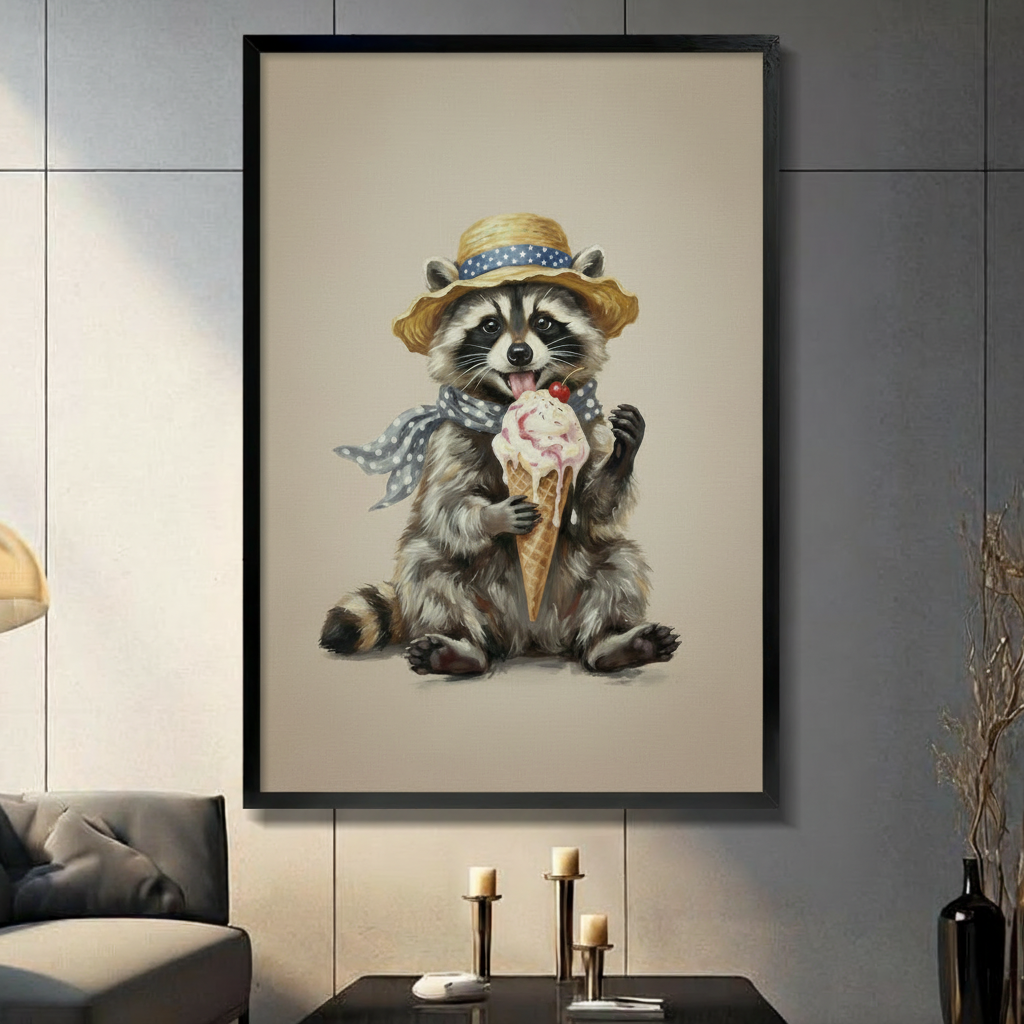 Charming vintage-style oil painting of an anthropomorphic raccoon sitting upright facing forward wearing a woven straw sun hat with a blue and white polka dot ribbon band and a matching blue and white polka dot neck scarf holding a large dripping waffle ice cream cone topped with a pink strawberry scoop and a red cherry with its tongue out licking the ice cream in pure delight its fluffy gray-brown fur black face mask and ringed tail rendered in warm realistic detail against a plain warm cream beige backgro