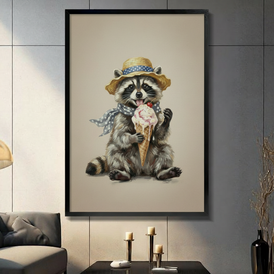 Charming vintage-style oil painting of an anthropomorphic raccoon sitting upright facing forward wearing a woven straw sun hat with a blue and white polka dot ribbon band and a matching blue and white polka dot neck scarf holding a large dripping waffle ice cream cone topped with a pink strawberry scoop and a red cherry with its tongue out licking the ice cream in pure delight its fluffy gray-brown fur black face mask and ringed tail rendered in warm realistic detail against a plain warm cream beige backgro