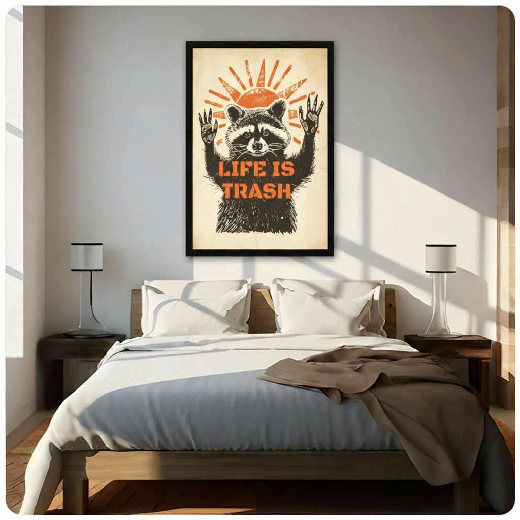 Black framed vintage raccoon with arms raised under an orange rising sun and Life Is Trash bold stencil text retro linocut humor poster canvas wall art on distressed cream background hung in bright diagonal sunlight above a dark wood bed with white linen bedding and matching wood nightstands