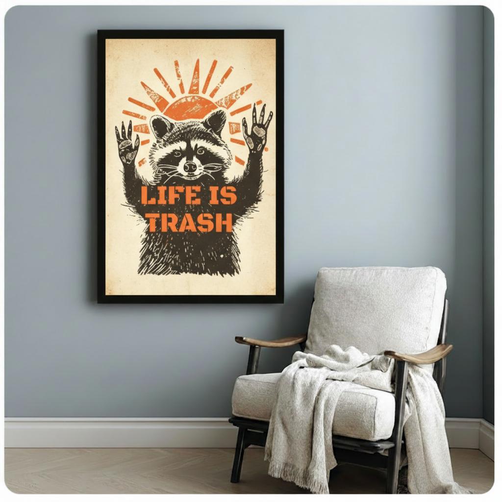 Black framed funny retro raccoon in a linocut woodblock print style with arms outstretched and a weary face under an orange sun with bold Life Is Trash orange stencil text humor canvas print on vintage cream background hung on a soft blue-gray wall beside a white linen wood chair with cream throw