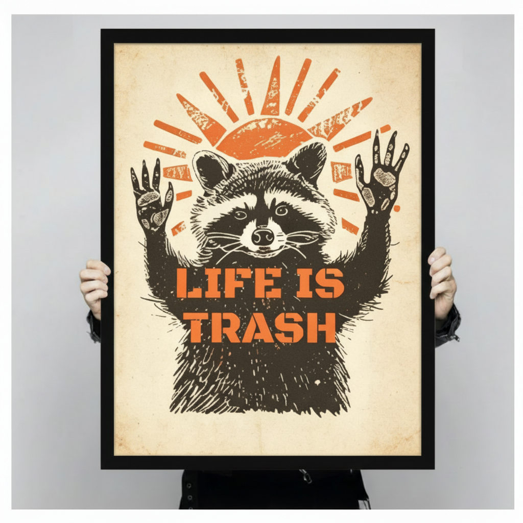 Two hands holding a large black framed retro linocut raccoon with raised arms and resigned expression under an orange woodcut sun with bold Life Is Trash stencil text vintage humor poster canvas art print on aged cream background, front-facing vertical product size display