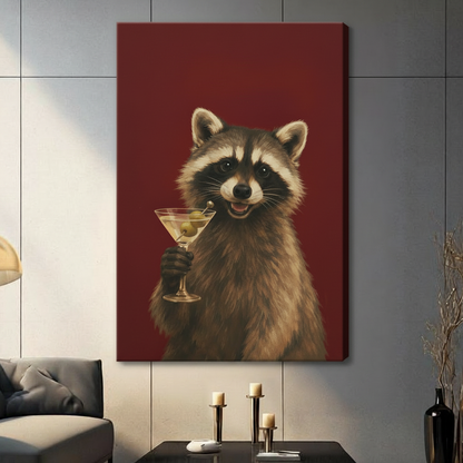 Gallery wrap canvas of a cheerful raccoon raising a martini cocktail glass on a bold crimson background, hung in a contemporary living room setting