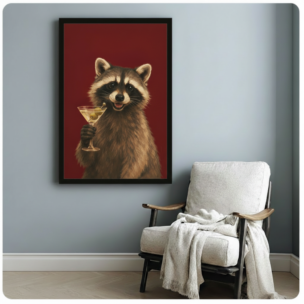 Black-framed funny raccoon martini wall art print styled above a linen armchair against a soft blue-grey wall, perfect for eclectic home decor