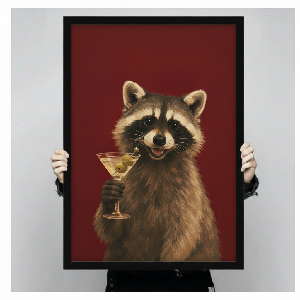 Close-up hand-held display of a black-framed art print featuring a grinning raccoon toasting with an olive martini glass on a red background