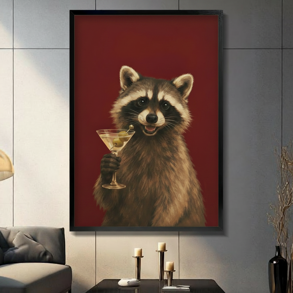 Framed wall art print of a smiling raccoon holding a martini glass with olives against a deep red background, displayed in a modern dark living room