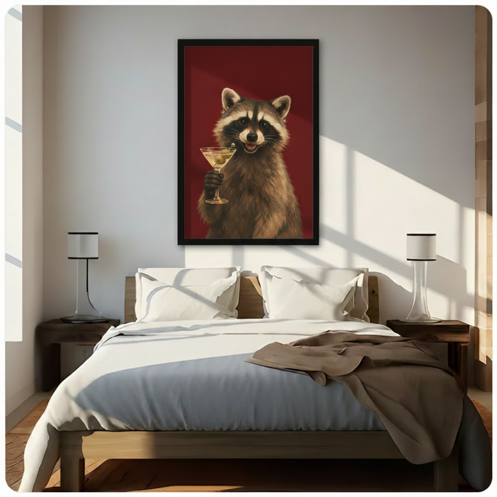 Framed raccoon martini wall art hung above a wooden bed in a sunlit minimalist bedroom, adding a bold and playful statement to the room