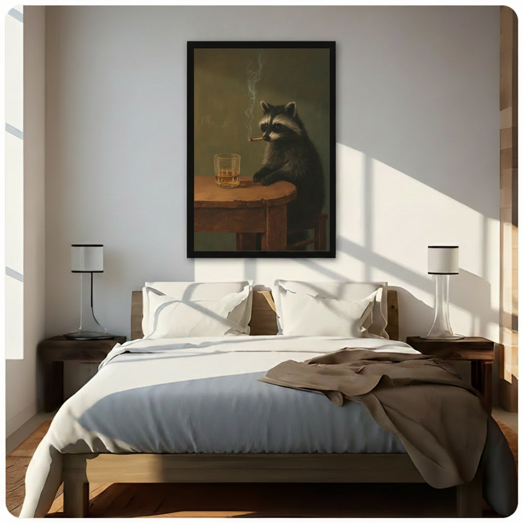 Framed raccoon portrait canvas above bed in cozy bedroom — moody vintage oil painting of raccoon with cigarette and whiskey, bedroom wall art