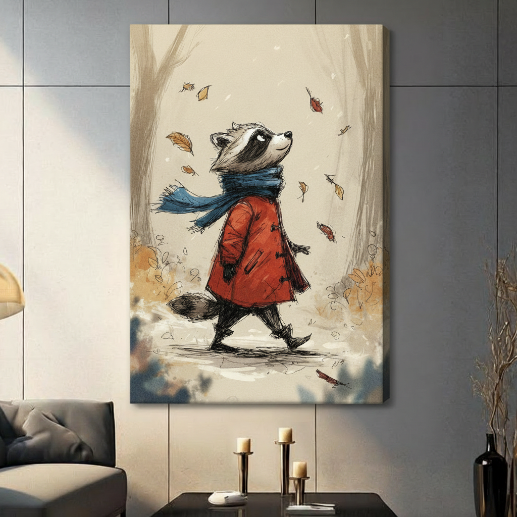 Sketch illustration of a raccoon in a red duffle coat and blue scarf walking through an autumn forest with falling leaves on a beige background raccoon wall art stretched canvas in living room with dark gray panel wall and dark sofa