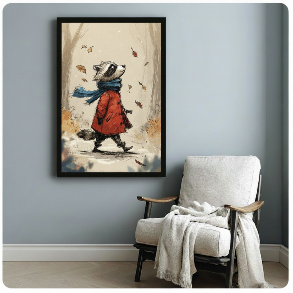 Sketch illustration of a raccoon in a red duffle coat and blue scarf walking through an autumn forest with falling leaves on a beige background raccoon wall art framed print beside linen armchair on blue-gray wall