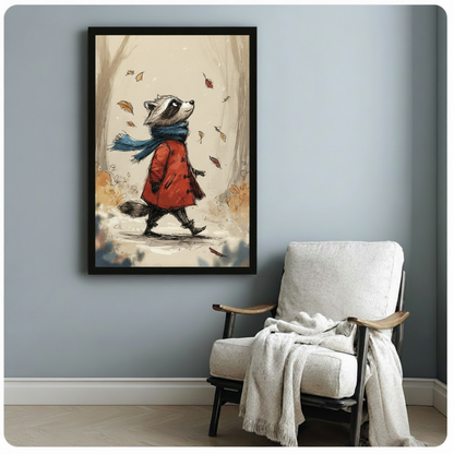 Sketch illustration of a raccoon in a red duffle coat and blue scarf walking through an autumn forest with falling leaves on a beige background raccoon wall art framed print beside linen armchair on blue-gray wall
