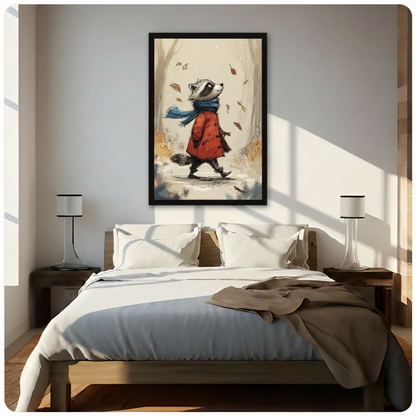 Sketch illustration of a raccoon in a red duffle coat and blue scarf walking through an autumn forest with falling leaves on a beige background raccoon wall art framed print above bedroom with white bedding and dark wood bedside tables