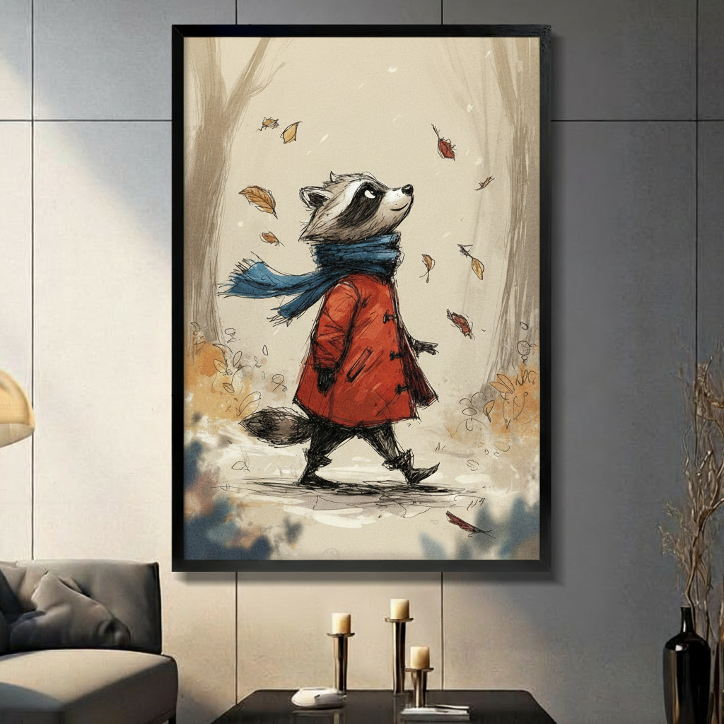 Sketch illustration of a raccoon in a red duffle coat and blue scarf walking through an autumn forest with falling leaves on a beige background raccoon wall art framed print in living room with dark gray panel wall and dark sofa