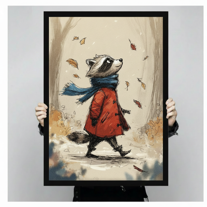 Sketch illustration of a raccoon in a red duffle coat and blue scarf walking through an autumn forest with falling leaves on a beige background raccoon wall art framed print held against light gray background